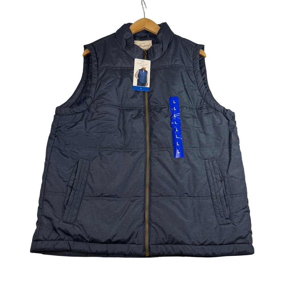 Weatherproof Vintage Mens Puffer Vest Navy Blue Quilted Flannel Lined Large NEW
